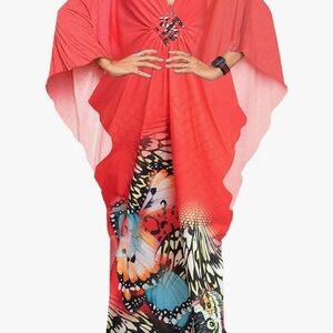 Vibrant Red Kaftan with Butterfly Print